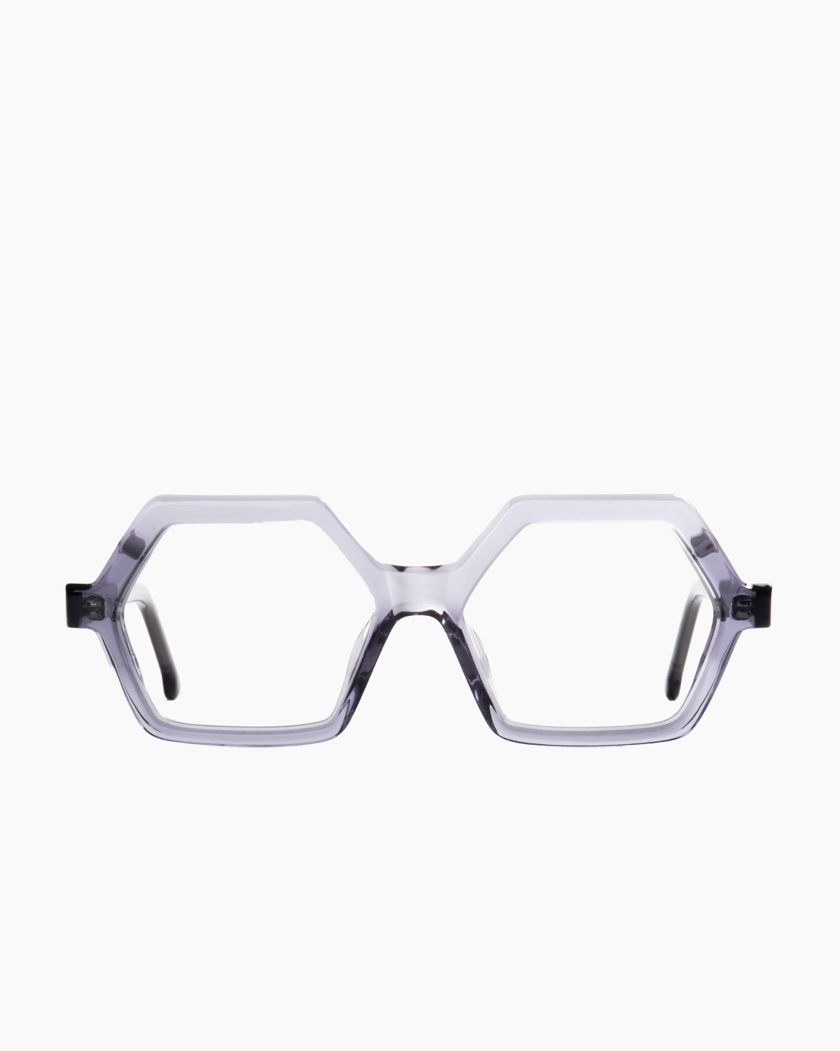 grey plastic hexagon eyeglasses by Marie-Sophie Dion model salsa, front view, lunettes de vue hexagone couleur gris