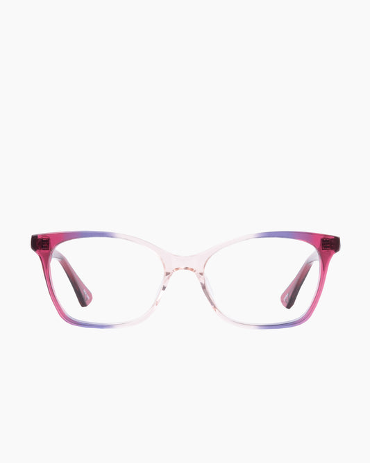 pink plastic butterfly eyeglasses by Evolve model Sophia, front view, lunettes de vue papillon couleur Rose