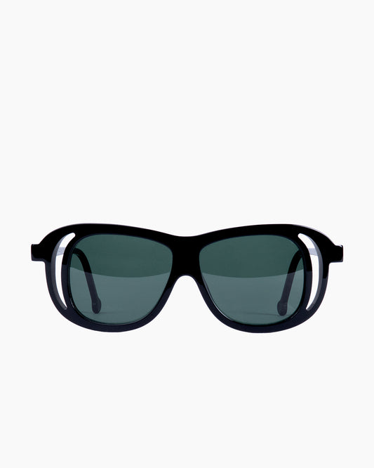 black plastic aviator  sunglassesby Marie-Sophie Dion model RollSun, front view, lunettes de vue aviateur couleur Noir