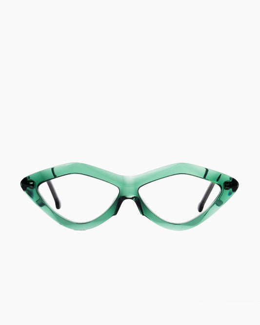 green plastic triangle eyeglasses by Marie-Sophie Dion model Lorenzo, front view, lunettes de vue triangle couleur vert