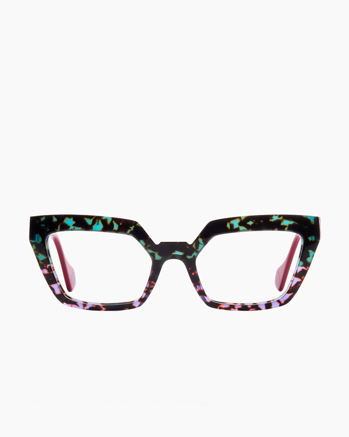 green plastic cat eyeglasses by Anne et Valentin model Brera, front view, lunettes de vue chat couleur Vert