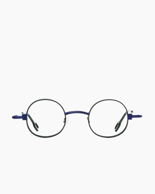 green metal round eyeglasses by Anne et Valentin model MECACOOL, front view, lunettes de vue rond couleur vert