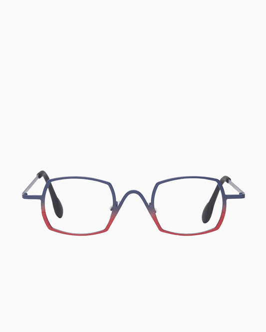 red metal rectangle eyeglasses by Theo model Trajan, front view, lunettes de vue rectangle couleur rouge