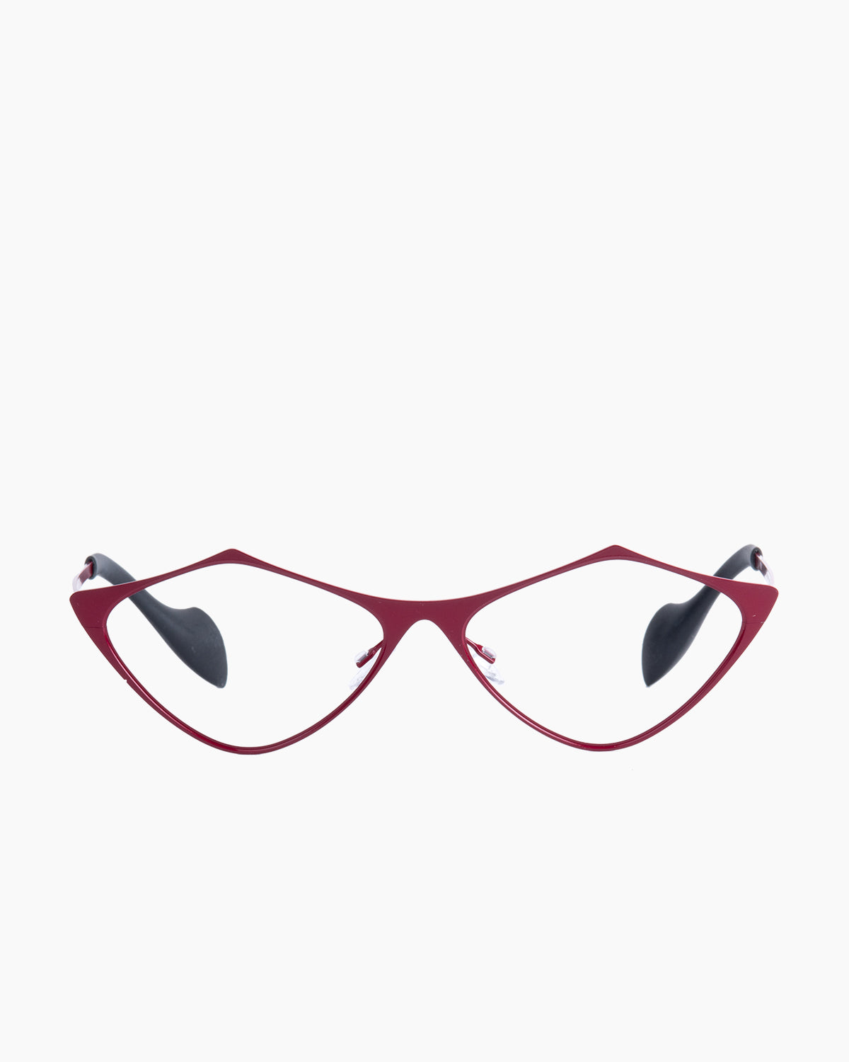 red metal triangle eyeglasses by Theo model TOTTORI, front view, lunettes de vue triangle couleur Rouge