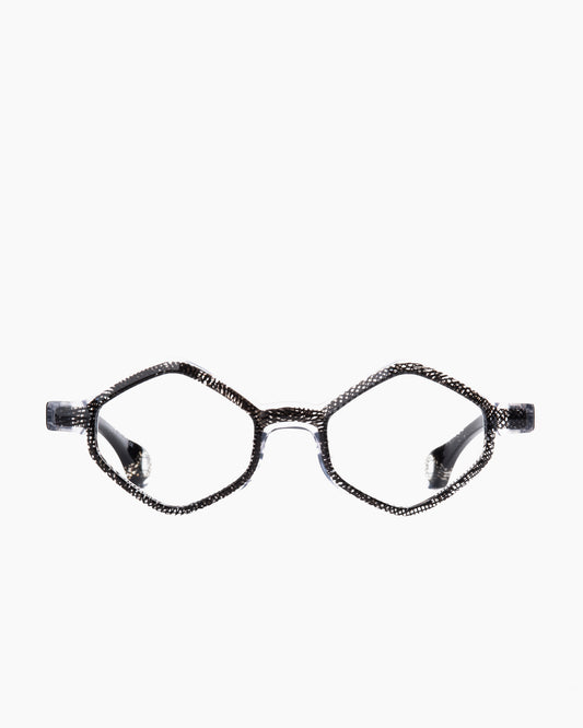 grey plastic hexagon eyeglasses by Blake Kuwahara model Thorne, front view, lunettes de vue hexagone couleur gris