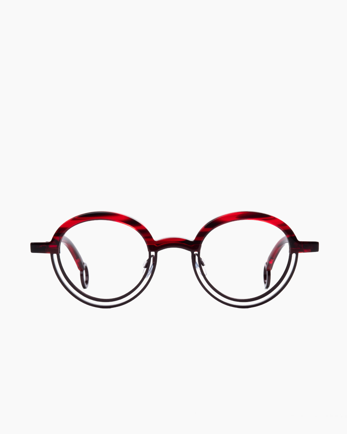 red metal round eyeglasses by Theo model BUMPER, front view, lunettes de vue rond couleur rouge