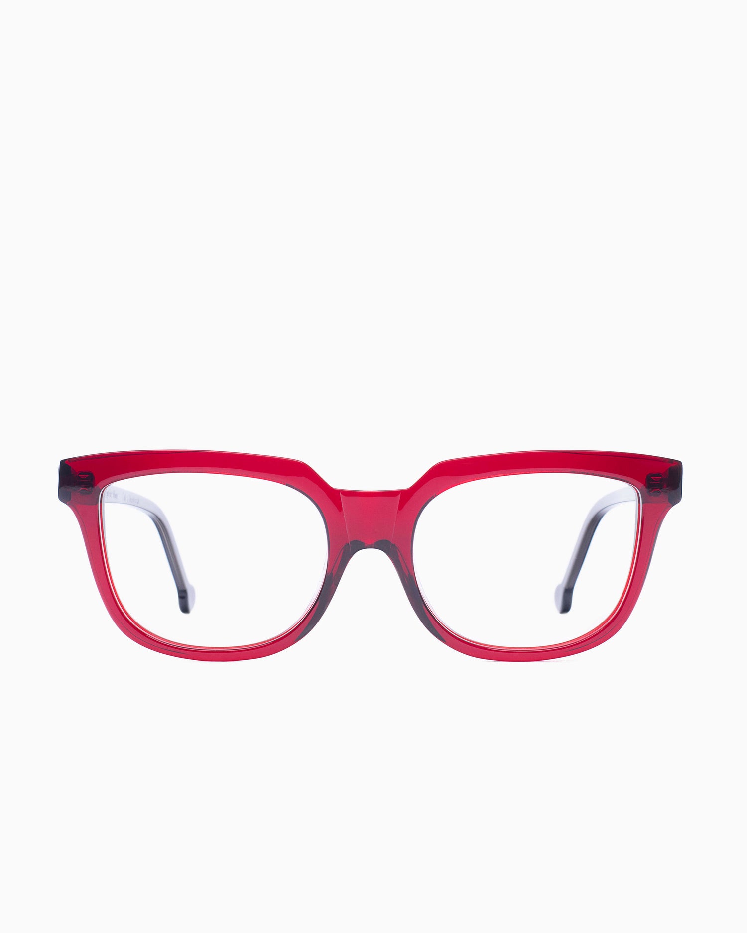 red plastic butterfly eyeglasses by Marie-Sophie Dion model Lachapelle, front view, lunettes de vue papillon couleur bourgogne