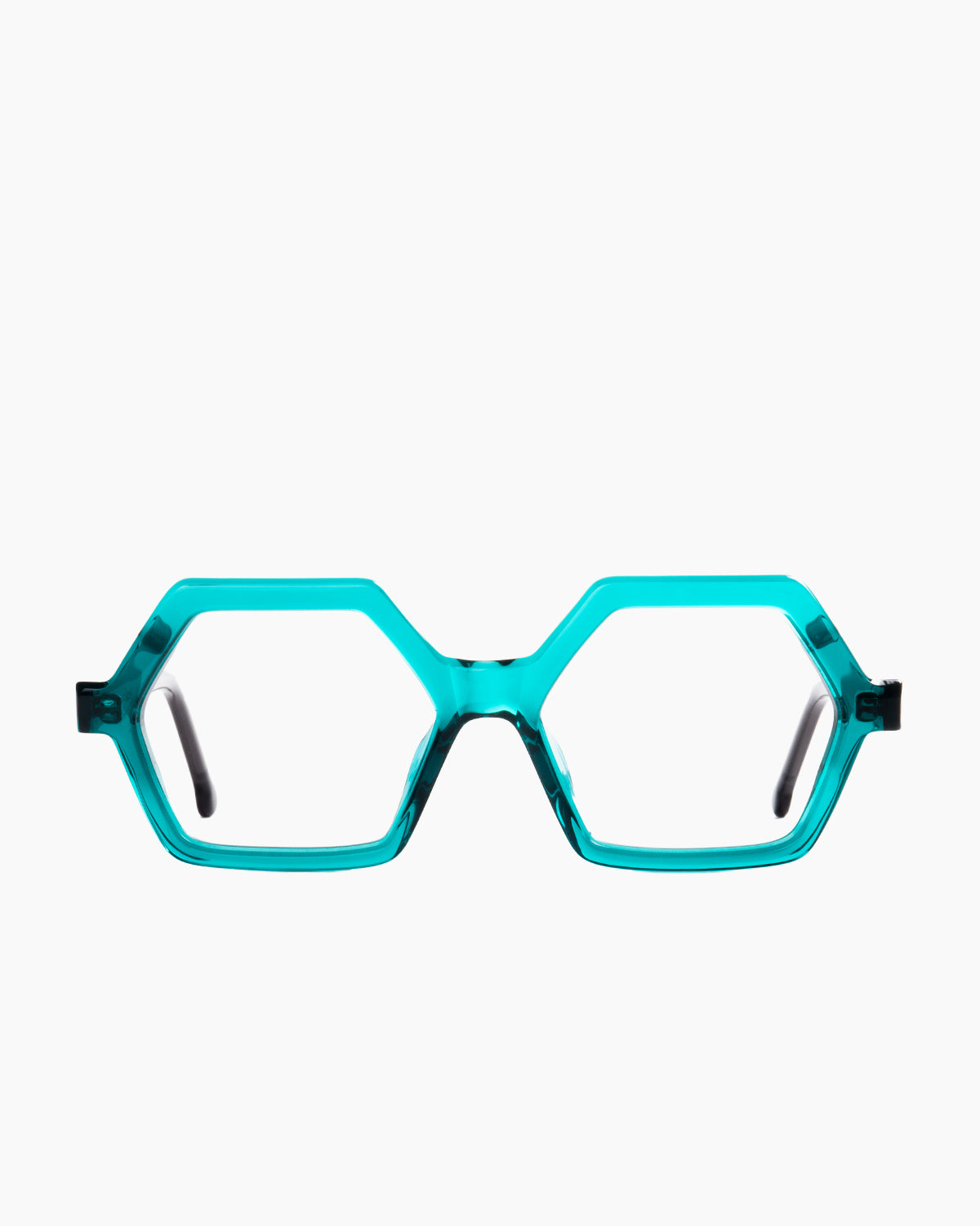 green plastic hexagon eyeglasses by Marie-Sophie Dion model salsa, front view, lunettes de vue hexagone couleur vert