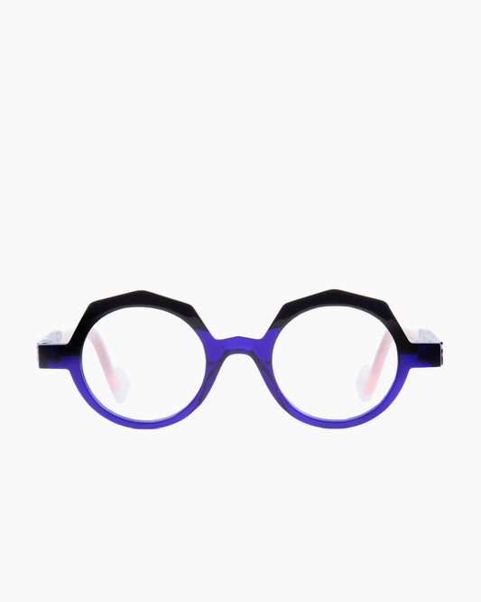 purple plastic round eyeglasses by Anne et Valentin model LOCK, front view, lunettes de vue rond couleur violet