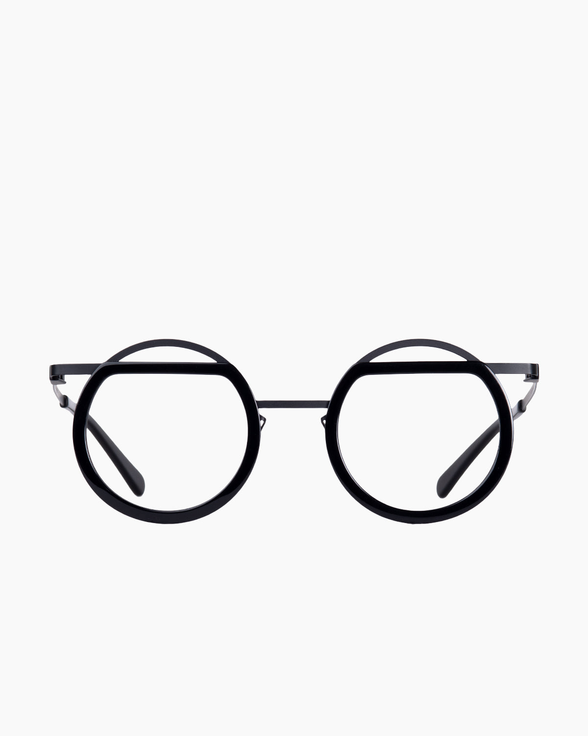 black metal round eyeglasses by Gamine model Trim, front view, lunettes de vue rond couleur Noir