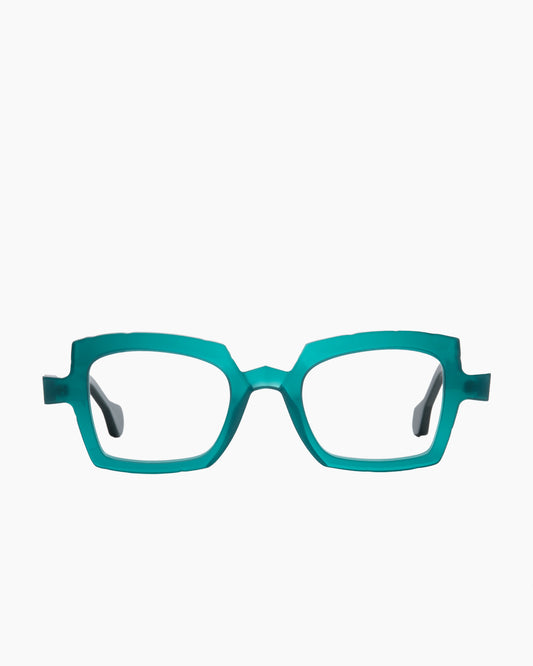 green plastic rectangle eyeglasses by Anne et Valentin model etude4, front view, lunettes de vue rectangle couleur vert