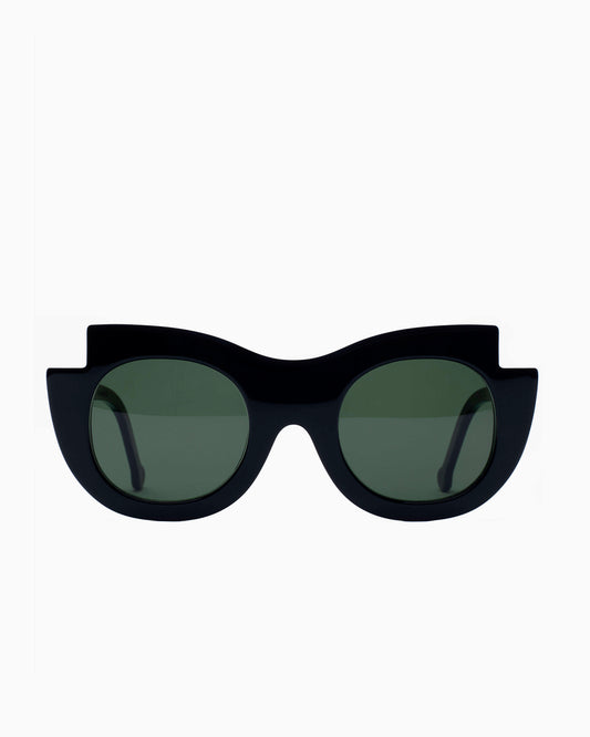 black plastic round sunglassesby Marie-Sophie Dion model Latraverse2Sun, front view, lunettes de vue rond couleur Noir