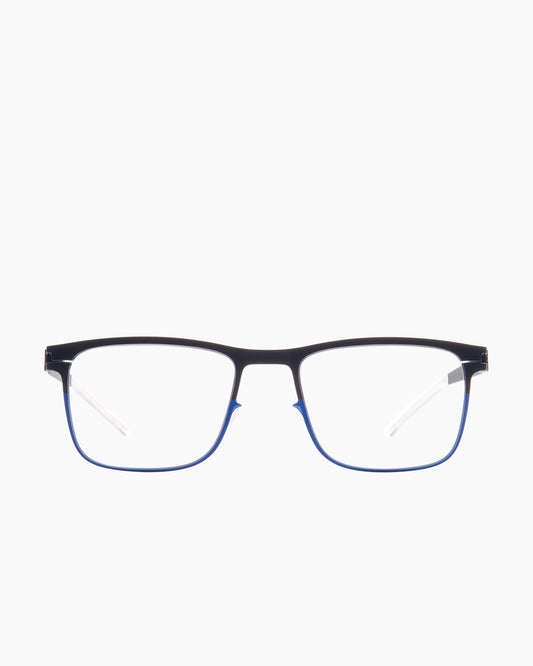 blue metal rectangle eyeglasses by Mykita model Armin, front view, lunettes de vue rectangle couleur bleu