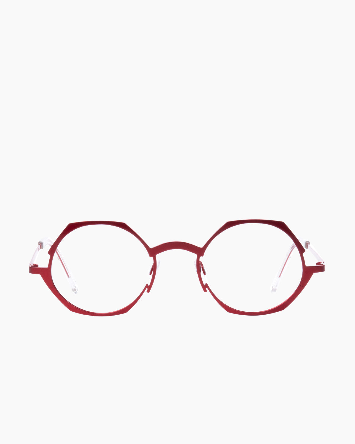 red metal round eyeglasses by Theo model WAVE, front view, lunettes de vue rond couleur Rouge