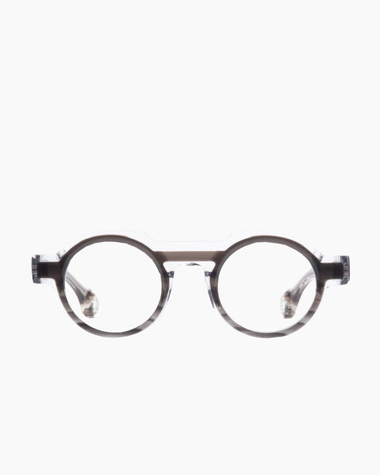 grey plastic round eyeglasses by Blake Kuwahara model Kellogg, front view, lunettes de vue rond couleur Gris