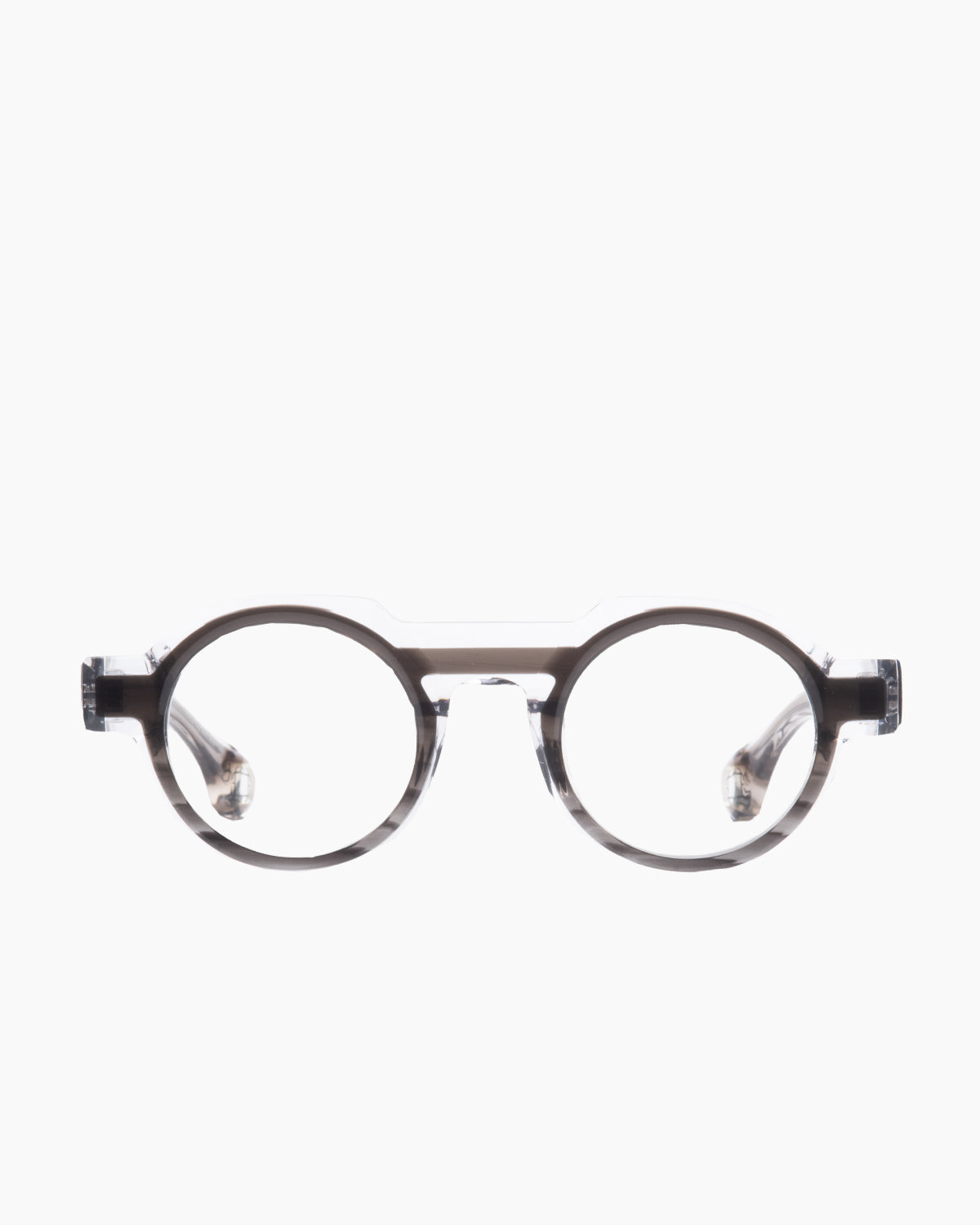 grey plastic round eyeglasses by Blake Kuwahara model Kellogg, front view, lunettes de vue rond couleur Gris