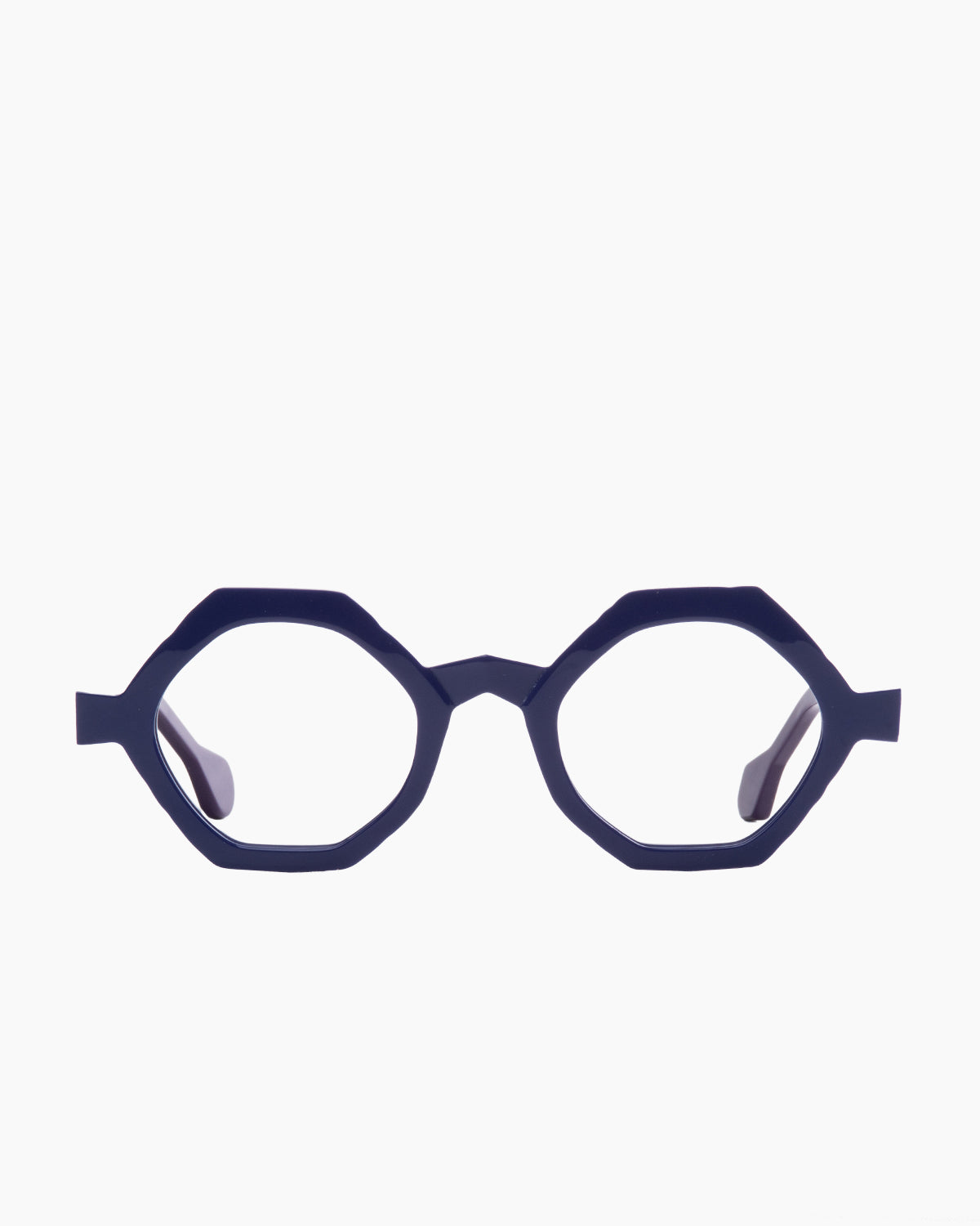 purple plastic hexagon eyeglasses by Anne et Valentin model Etude2, front view, lunettes de vue hexagone couleur violet