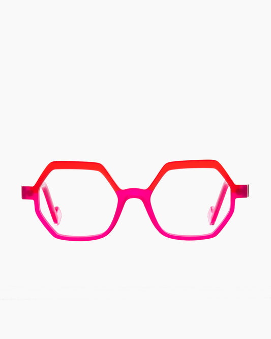 pink plastic hexagon eyeglasses by Anne et Valentin model LOGIK, front view, lunettes de vue hexagone couleur rose
