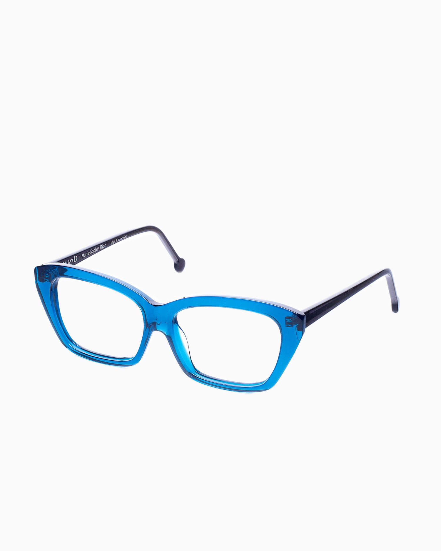 blue plastic butterfly eyeglasses by Marie-Sophie Dion model Pageau, front view, lunettes de vue papillon couleur Bleu
