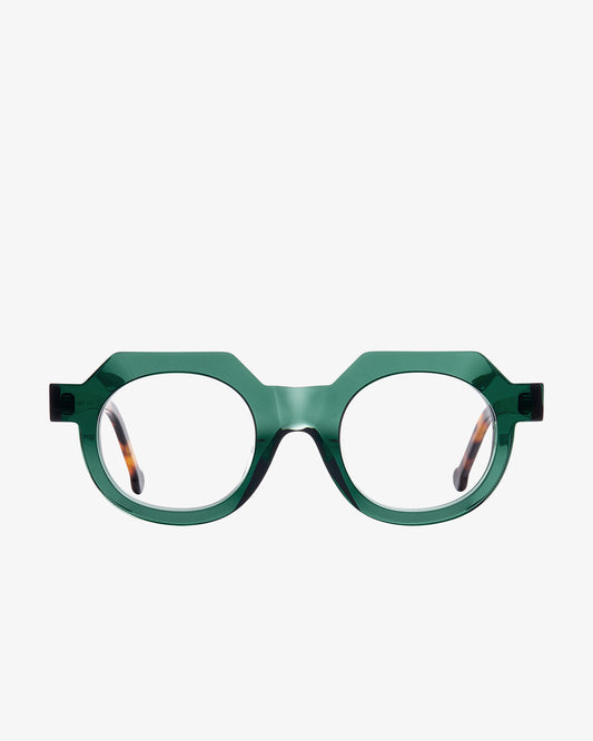 green plastic round eyeglasses by Marie-Sophie Dion model Sow, front view, lunettes de vue rond couleur vert