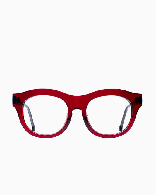 burgundy plastic round eyeglasses by Marie-Sophie Dion model Carette, front view, lunettes de vue rond couleur bourgogne