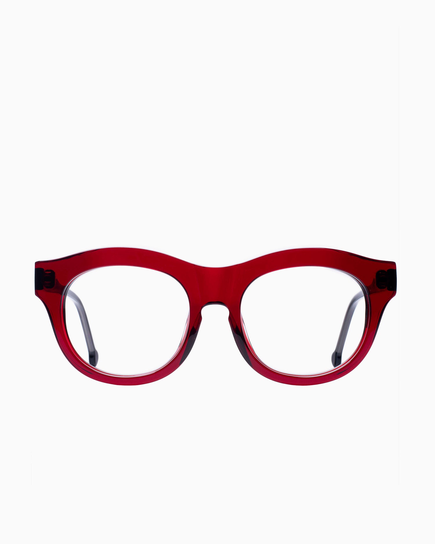 burgundy plastic round eyeglasses by Marie-Sophie Dion model Carette, front view, lunettes de vue rond couleur bourgogne