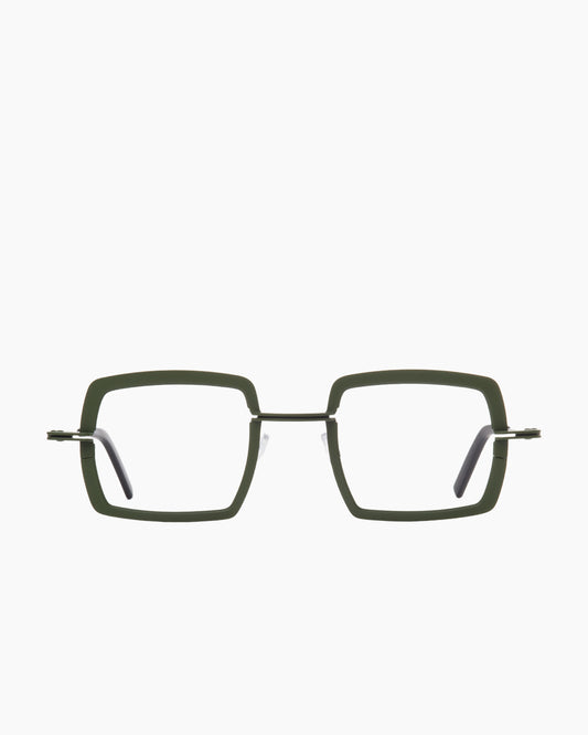 green metal rectangle eyeglasses by Theo model super, front view, lunettes de vue rectangle couleur vert