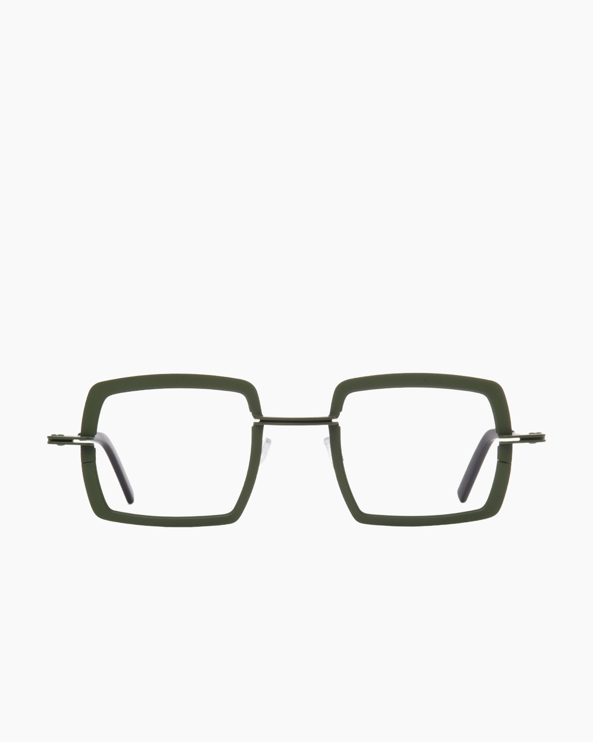 green metal rectangle eyeglasses by Theo model super, front view, lunettes de vue rectangle couleur vert