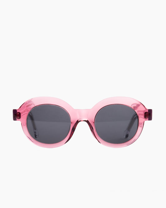 pink plastic round sunglassesby Marie-Sophie Dion model Latraverse1S, front view, lunettes de vue rond couleur rose