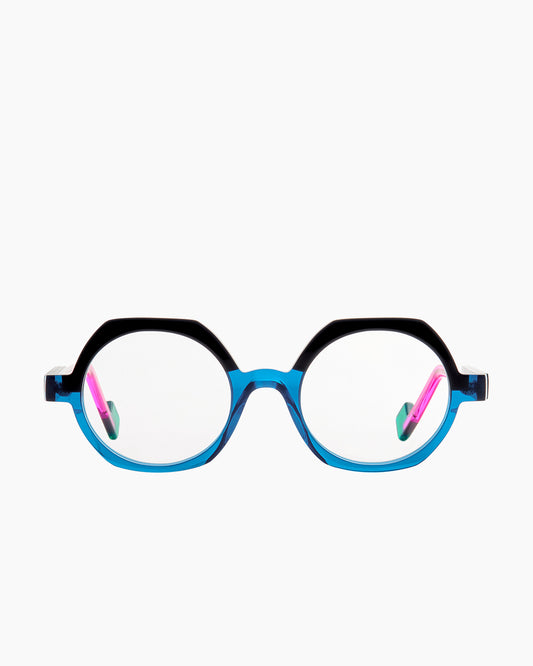 blue plastic round eyeglasses by Anne et Valentin model Lollipop, front view, lunettes de vue rond couleur bleu