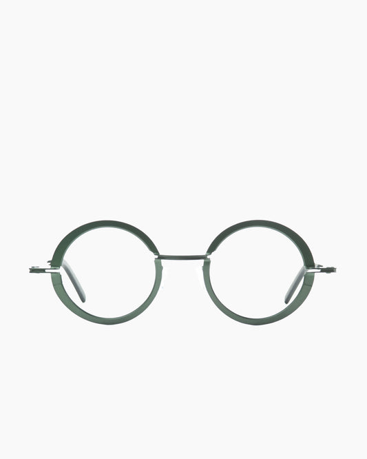 green metal round eyeglasses by Theo model crunchy, front view, lunettes de vue rond couleur vert