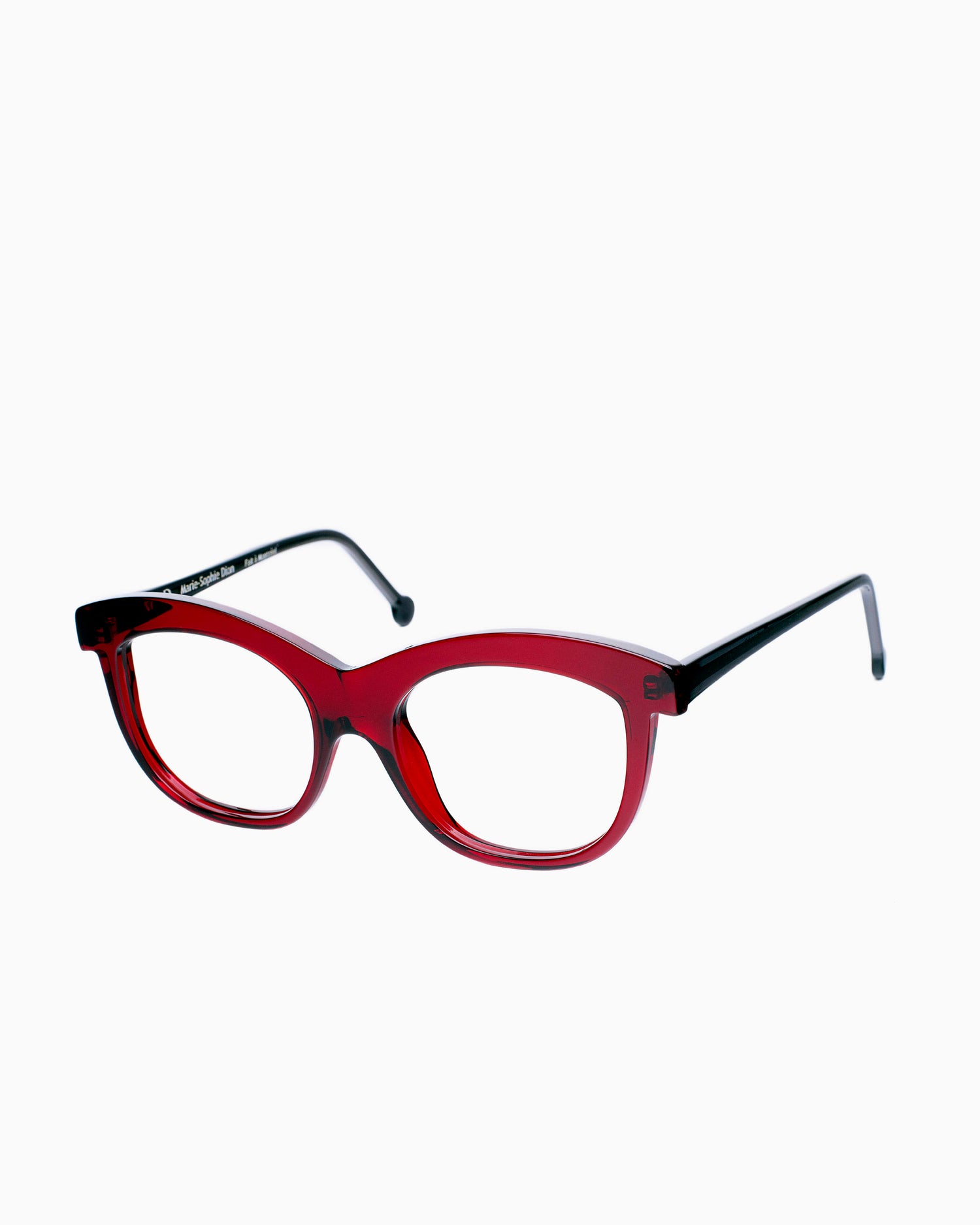 red plastic butterfly eyeglasses by Marie-Sophie Dion model Elmir, front view, lunettes de vue papillon couleur bourgogne