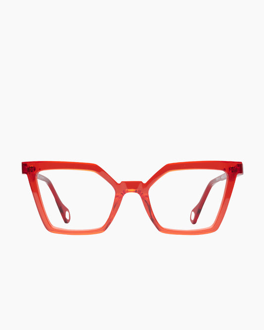 red plastic butterfly eyeglasses by Anne et Valentin model barceloneta, front view, lunettes de vue papillon couleur Rouge