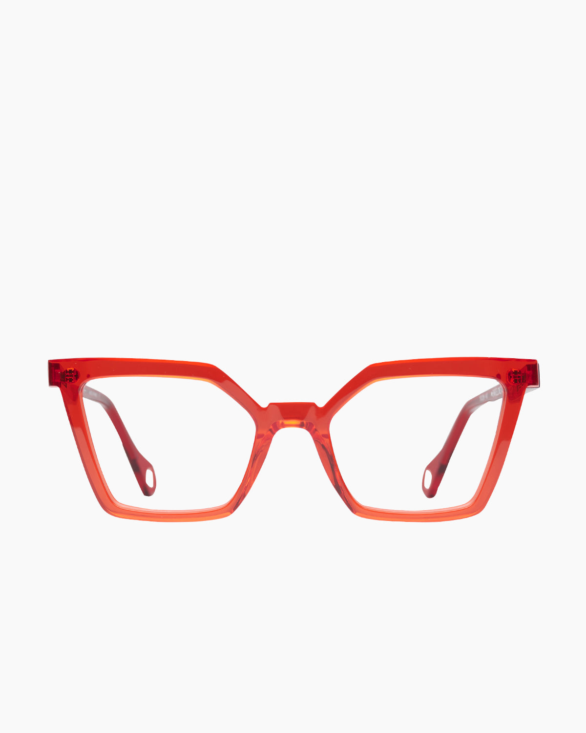 red plastic butterfly eyeglasses by Anne et Valentin model barceloneta, front view, lunettes de vue papillon couleur Rouge