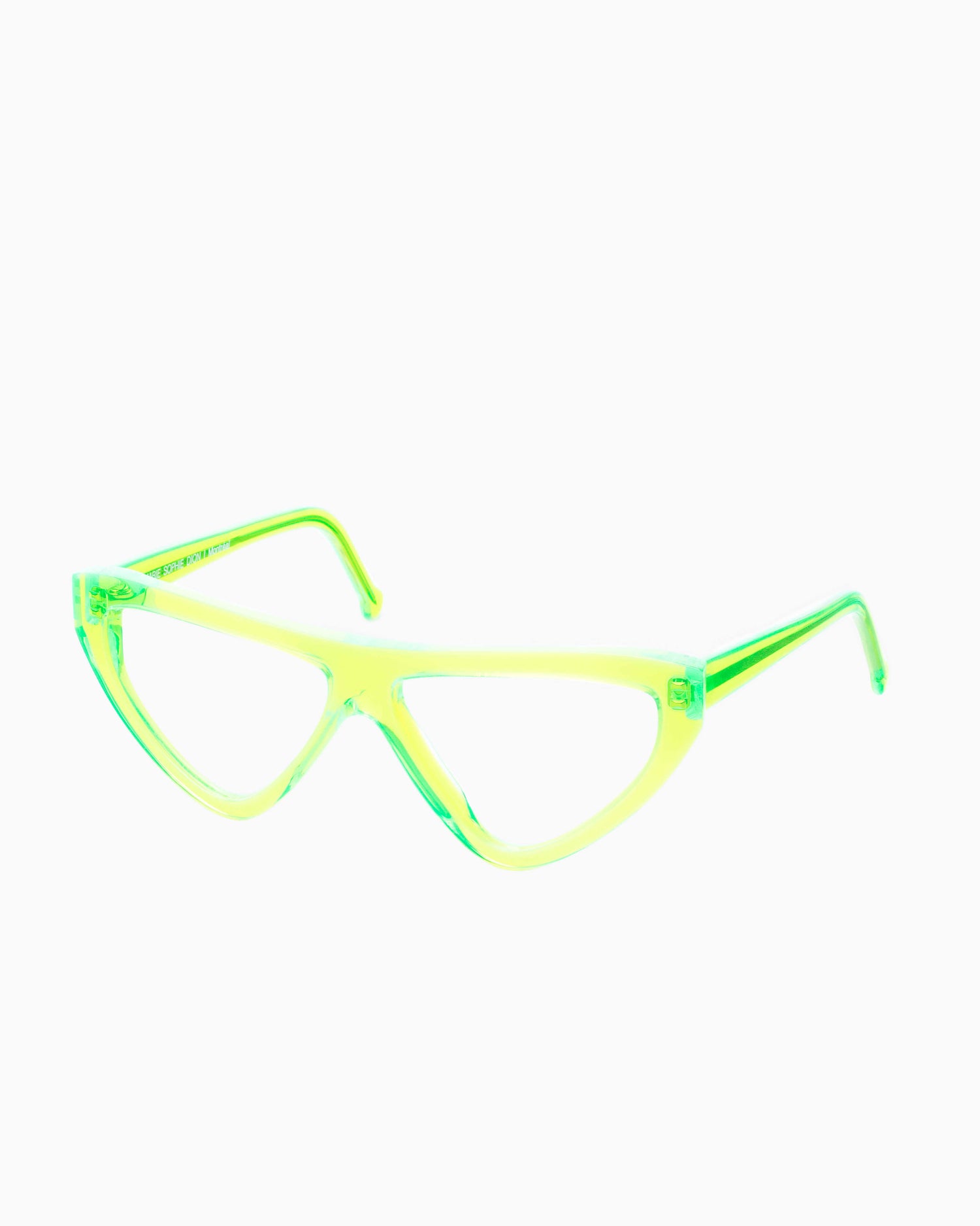 lime plastic triangle eyeglasses by Marie-Sophie Dion model Hart, front view, lunettes de vue triangle couleur Lime