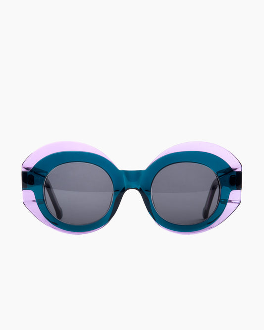 green plastic round  sunglassesby Marie-Sophie Dion model Gingues, front view, lunettes de vue rond couleur vert