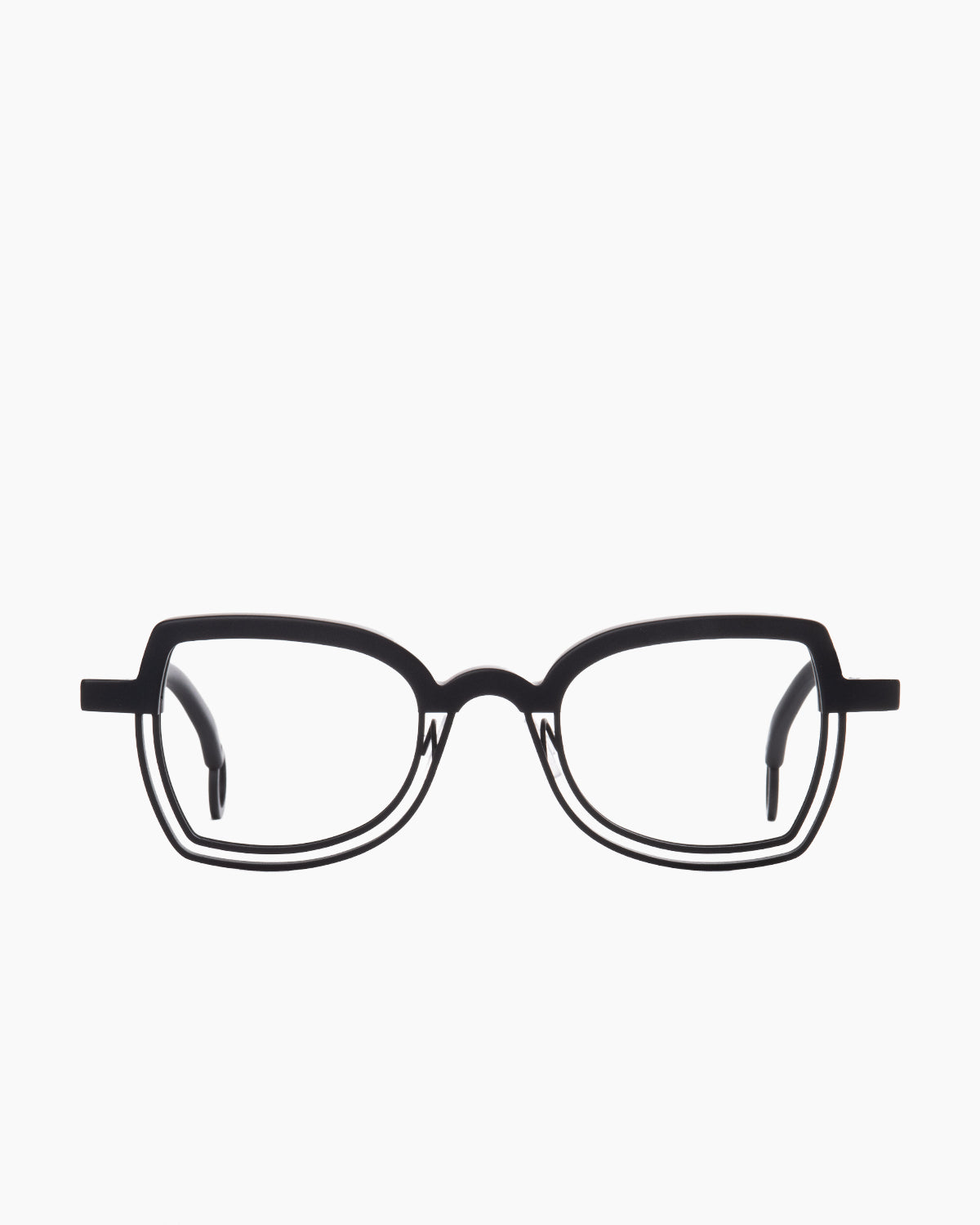 black metal butterfly eyeglasses by Theo model Stopper, front view, lunettes de vue papillon couleur noir