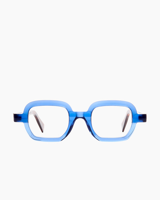 blue plastic rectangle eyeglasses by Anne et Valentin model reflet, front view, lunettes de vue rectangle couleur bleu