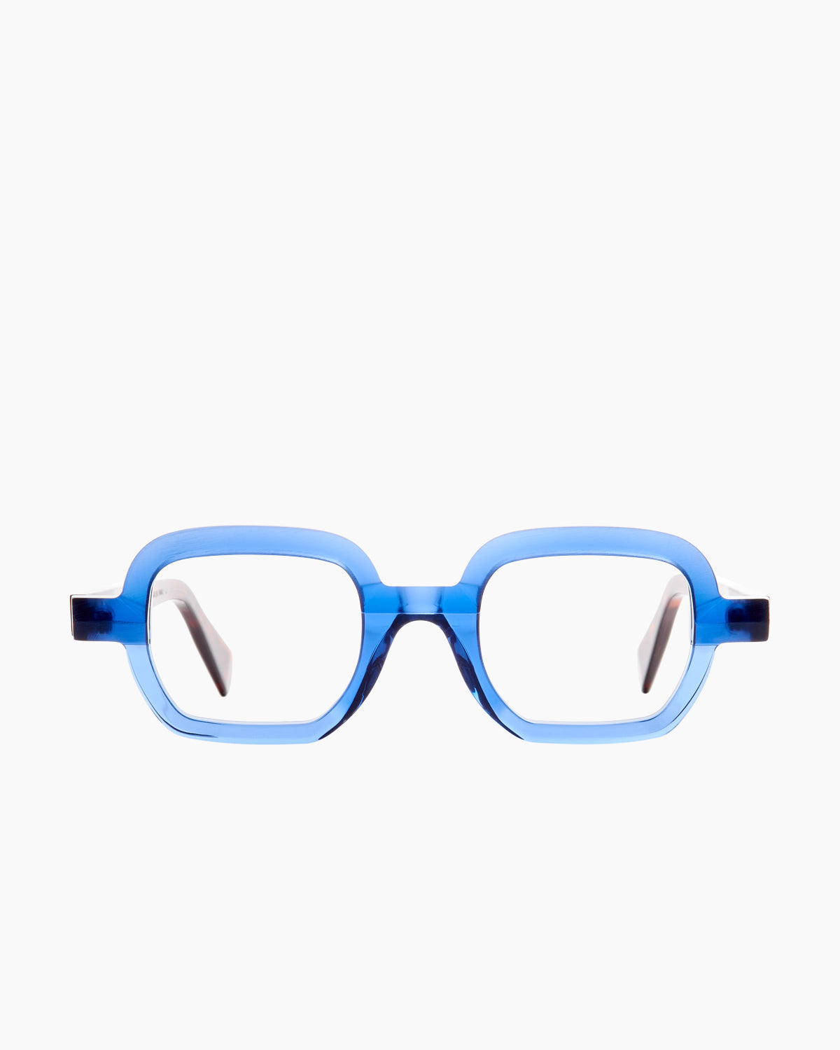 blue plastic rectangle eyeglasses by Anne et Valentin model reflet, front view, lunettes de vue rectangle couleur bleu