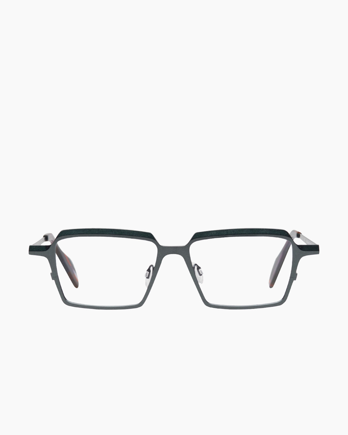 green metal rectangle eyeglasses by Theo model Flanders, front view, lunettes de vue rectangle couleur Vert