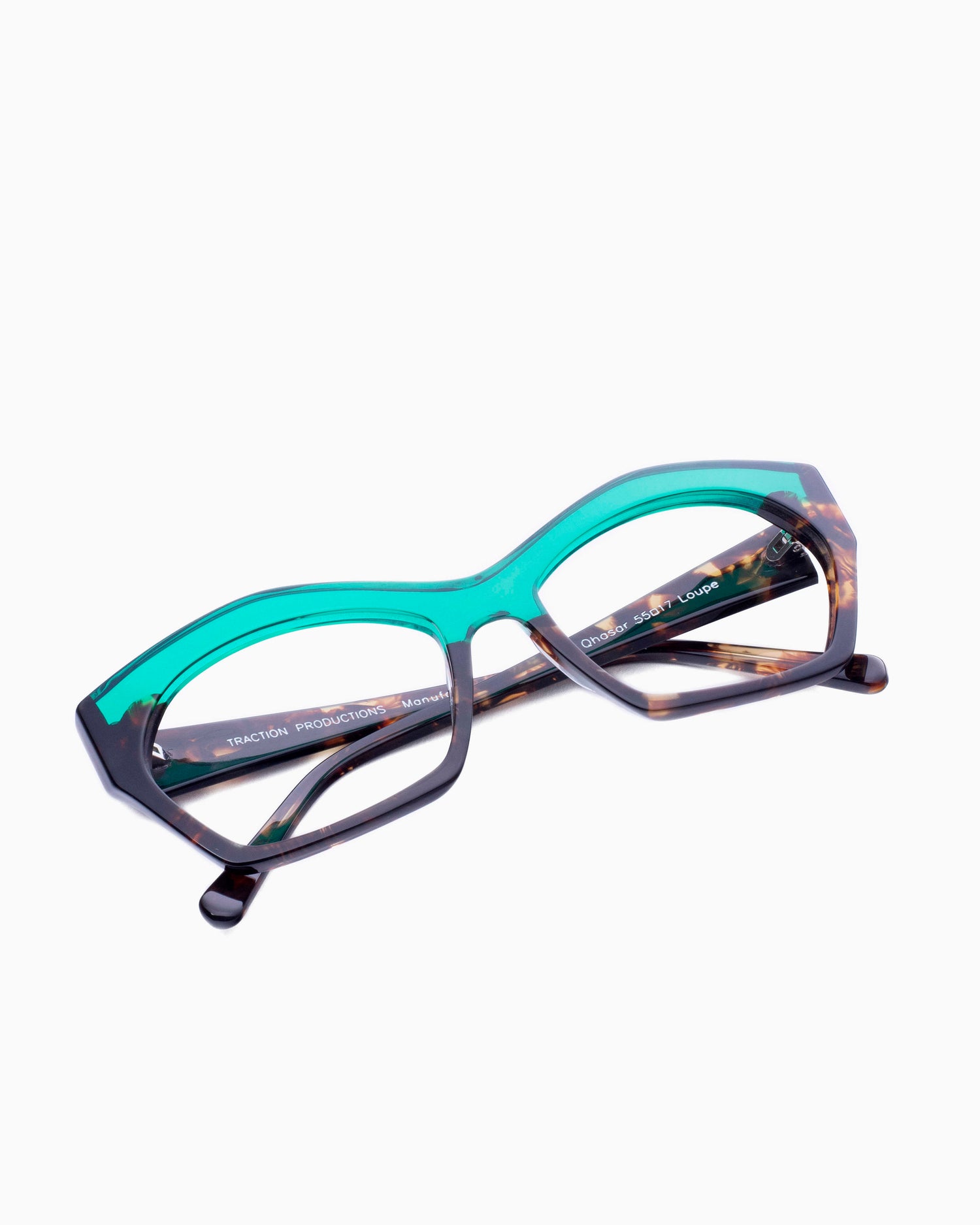 turquoise plastic butterfly eyeglasses by Traction model qhasar, front view, lunettes de vue papillon couleur turquoise