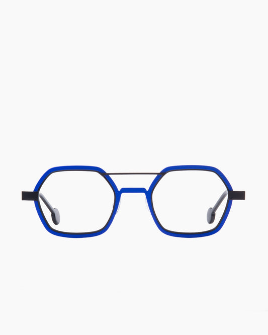 blue metal hexagon eyeglasses by Anne et Valentin model wellsaid, front view, lunettes de vue hexagone couleur bleu
