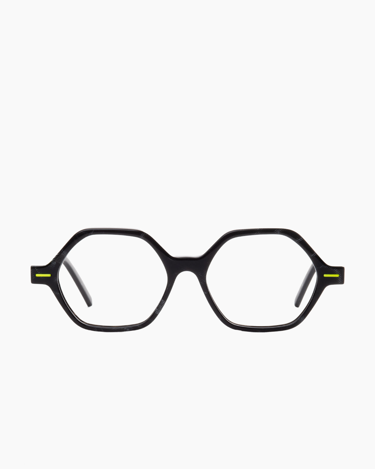 black plastic hexagon eyeglasses by Theo model Tantu, front view, lunettes de vue hexagone couleur noir
