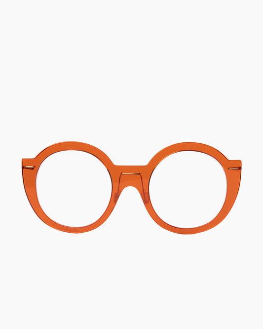 orange plastic round eyeglasses by Monogram Marie-Sophie Dion model Coll, front view, lunettes de vue rond couleur Orange