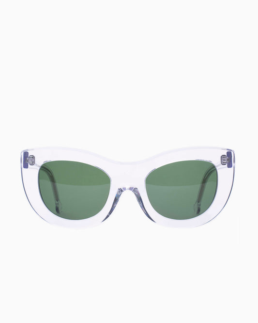 crystal plastic cat sunglassesby Marie-Sophie Dion model YounanSun, front view, lunettes de vue chat couleur cristal