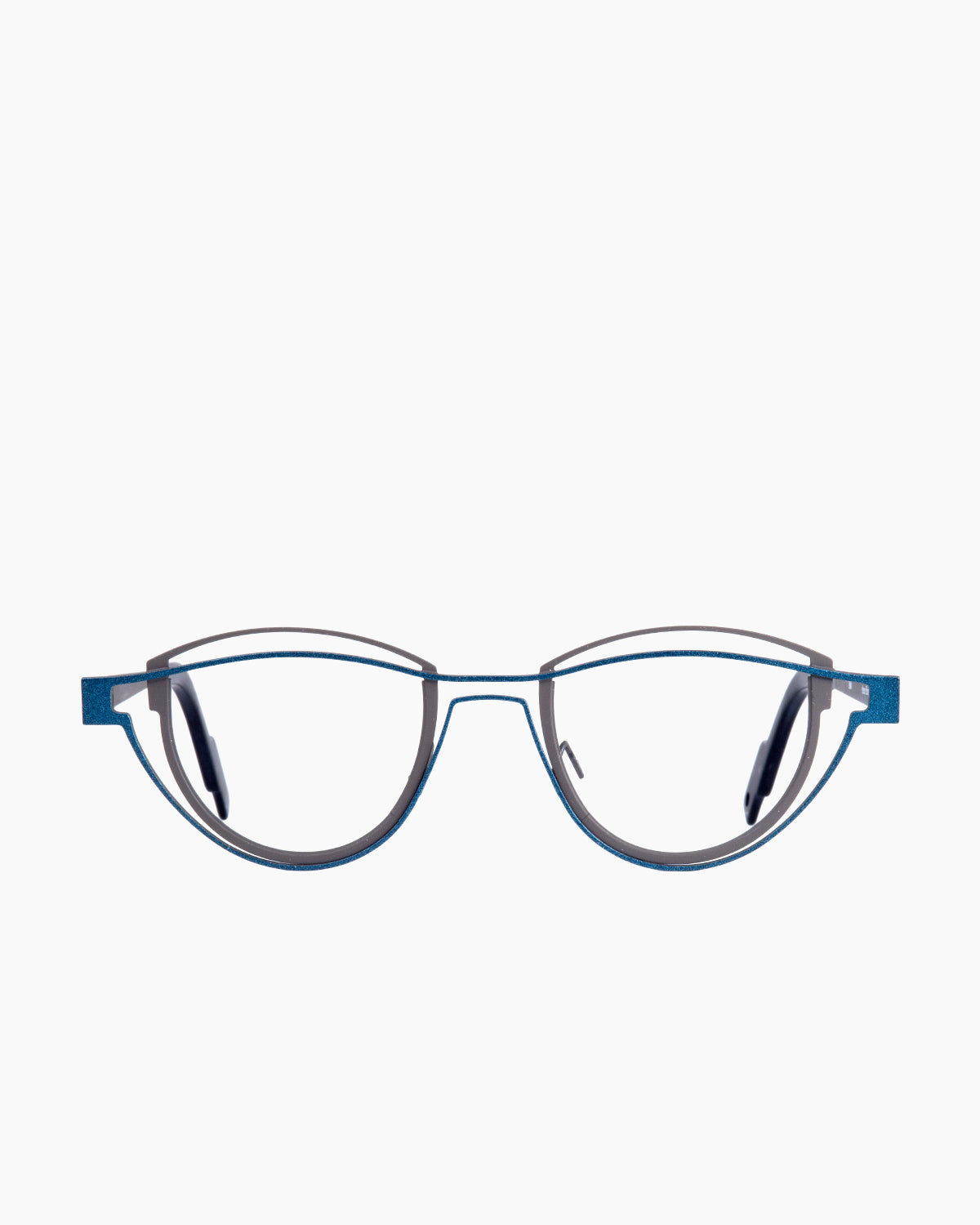 blue metal butterfly eyeglasses by Theo model Shape, front view, lunettes de vue papillon couleur Bleu