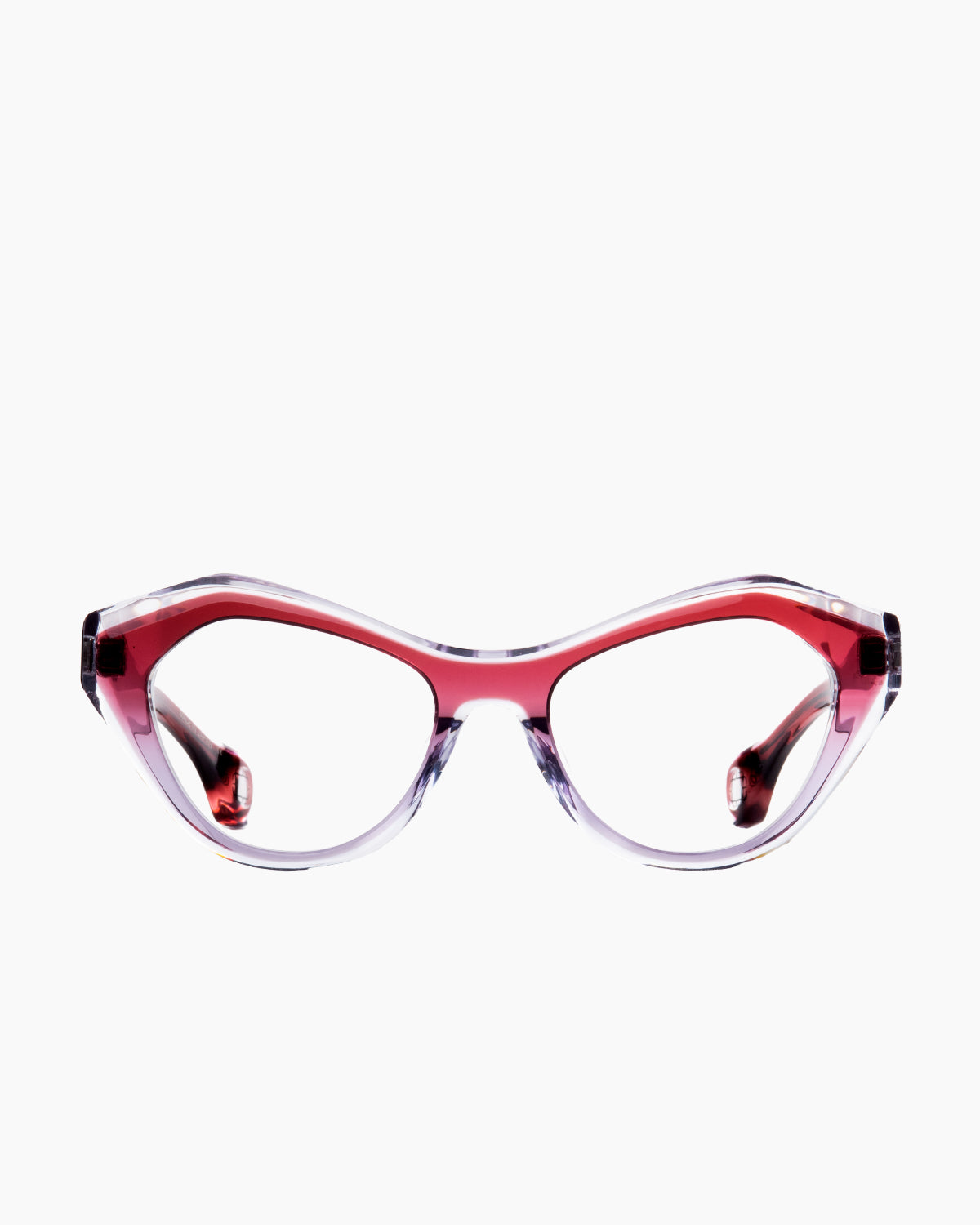 purple plastic butterfly eyeglasses by Blake Kuwahara model Valerio, front view, lunettes de vue papillon couleur violet