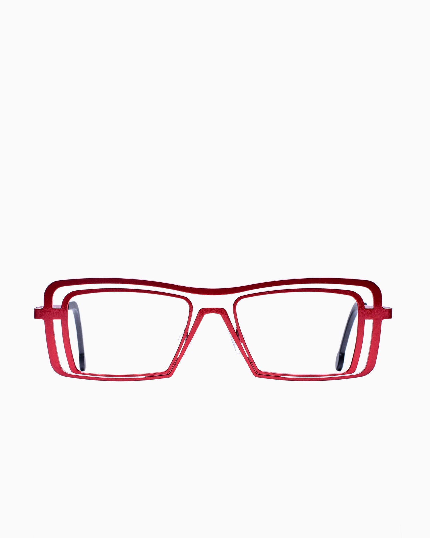 red metal rectangle eyeglasses by Theo model Gossip, front view, lunettes de vue rectangle couleur Rouge