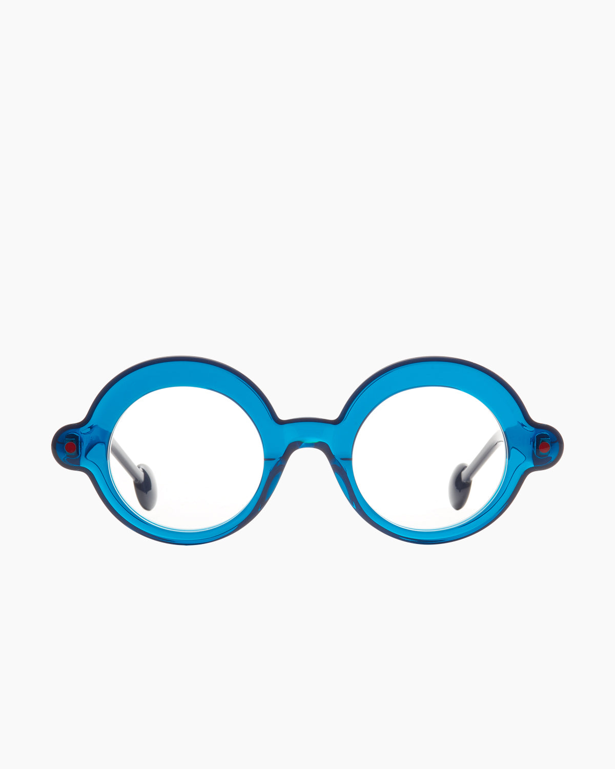 blue plastic round eyeglasses by Anne et Valentin model Blup, front view, lunettes de vue rond couleur bleu