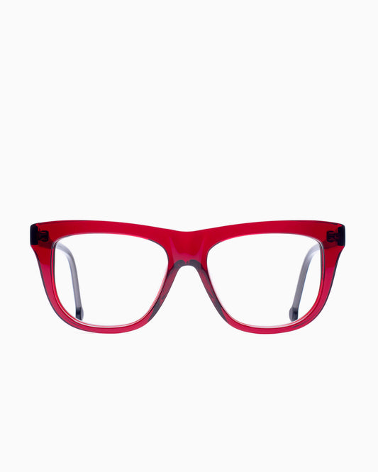 red plastic rectangle eyeglasses by Marie-Sophie Dion model Pepin, front view, lunettes de vue rectangle couleur bourgogne